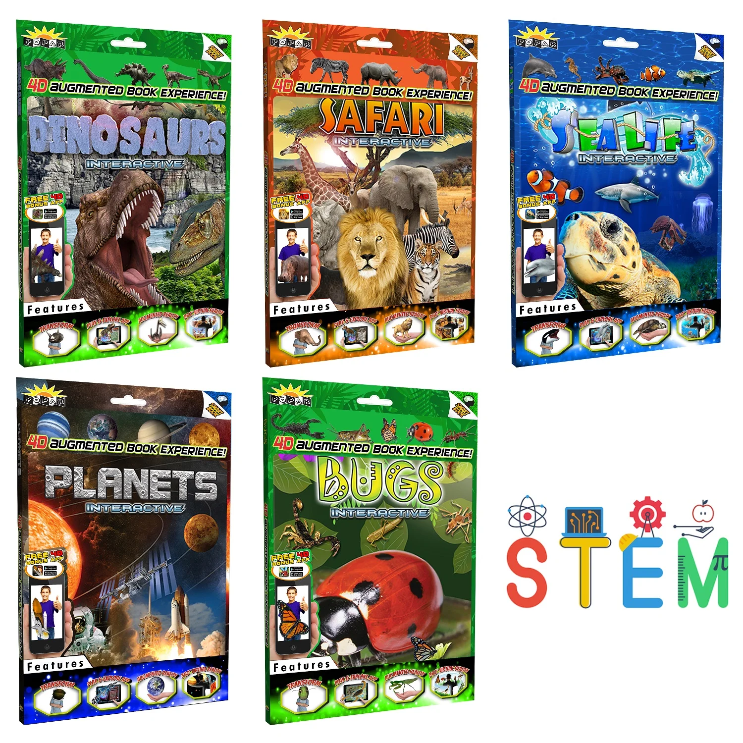STEM Interactive Smart Books Collection With 4D Educational App – Dinosaurs, Planets, Sea Life, Bugs, Safari Animals